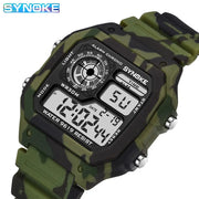 SYNOKE outdoor military digital watch for men with camouflage green strap, waterproof and multifunctional luminous display