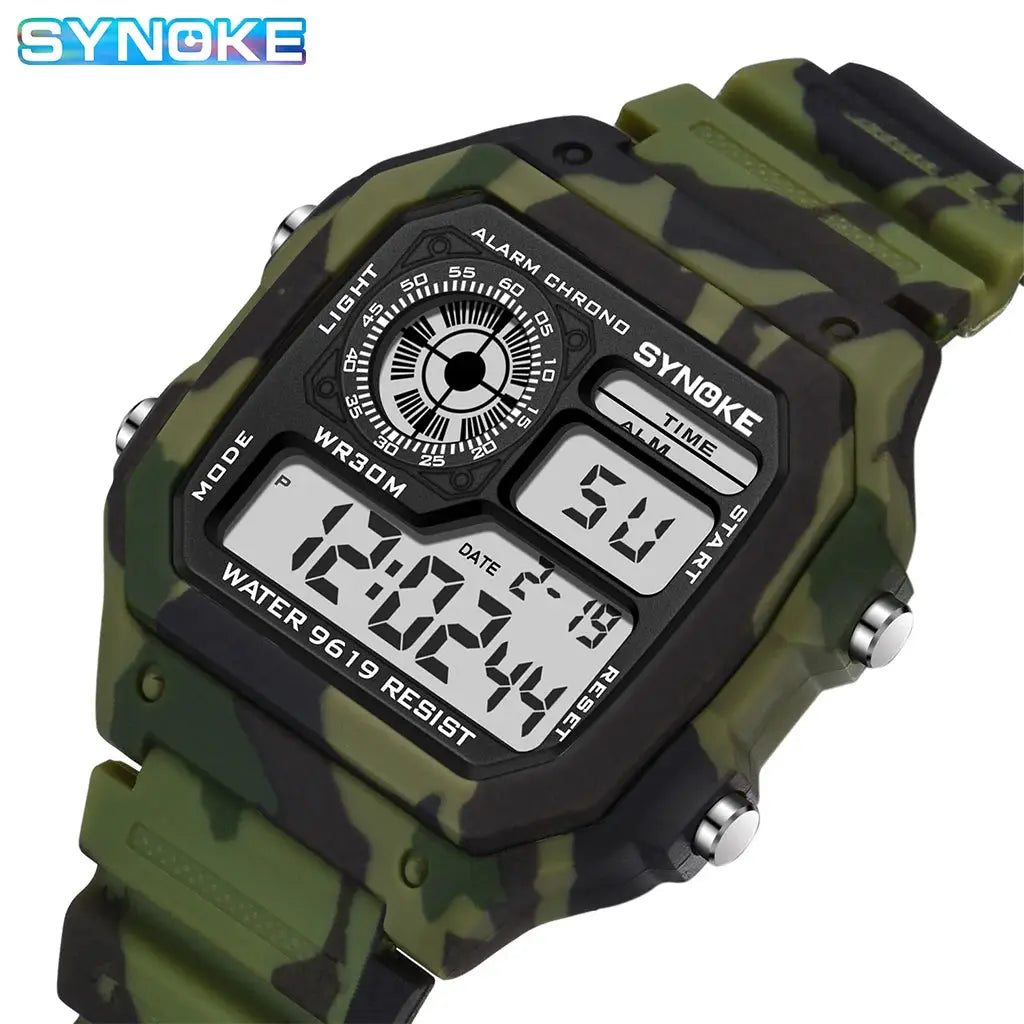 SYNOKE outdoor military digital watch for men with camouflage green strap, waterproof and multifunctional luminous display