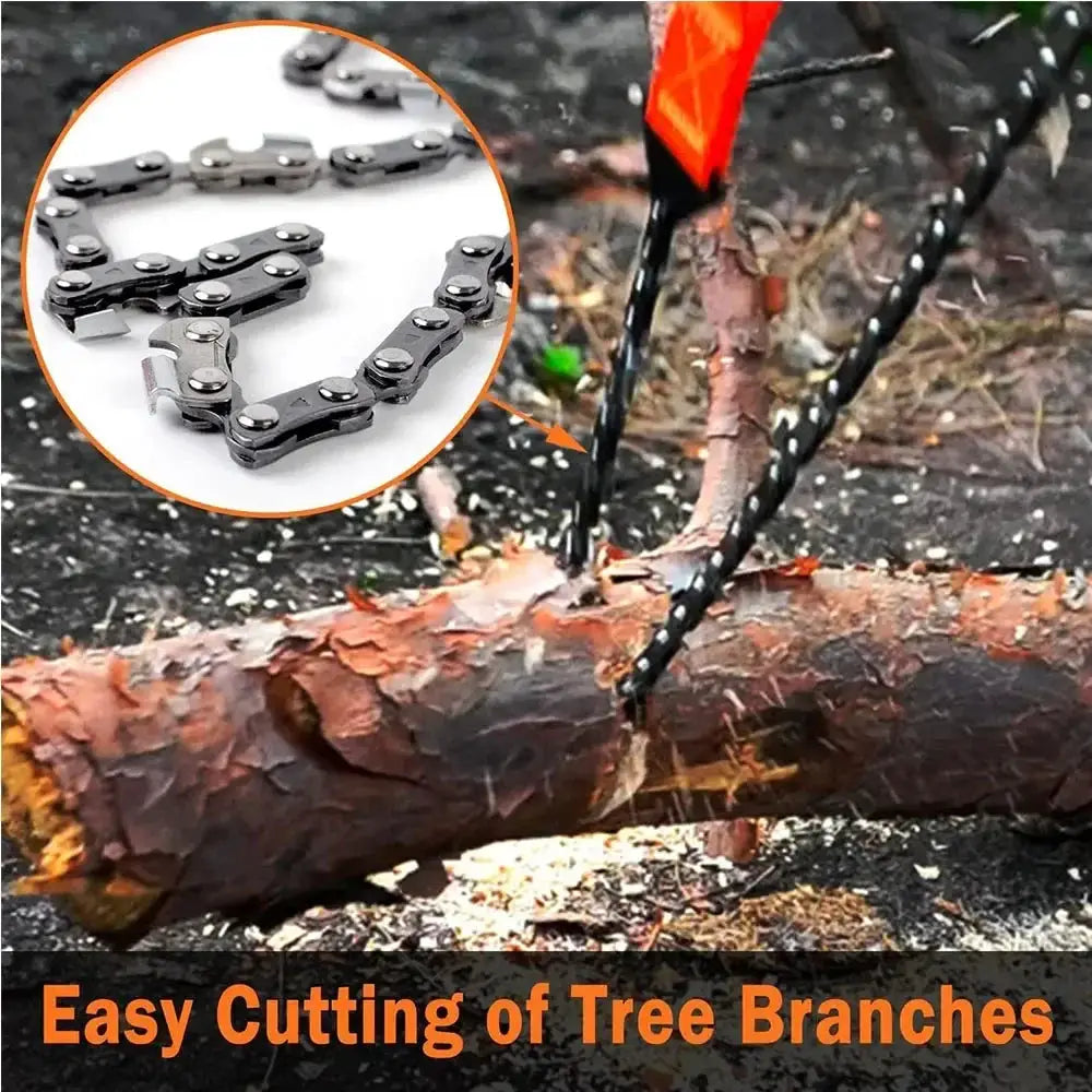 Simples Market portable survival chain saw with metal chain cutting a tree branch outdoors