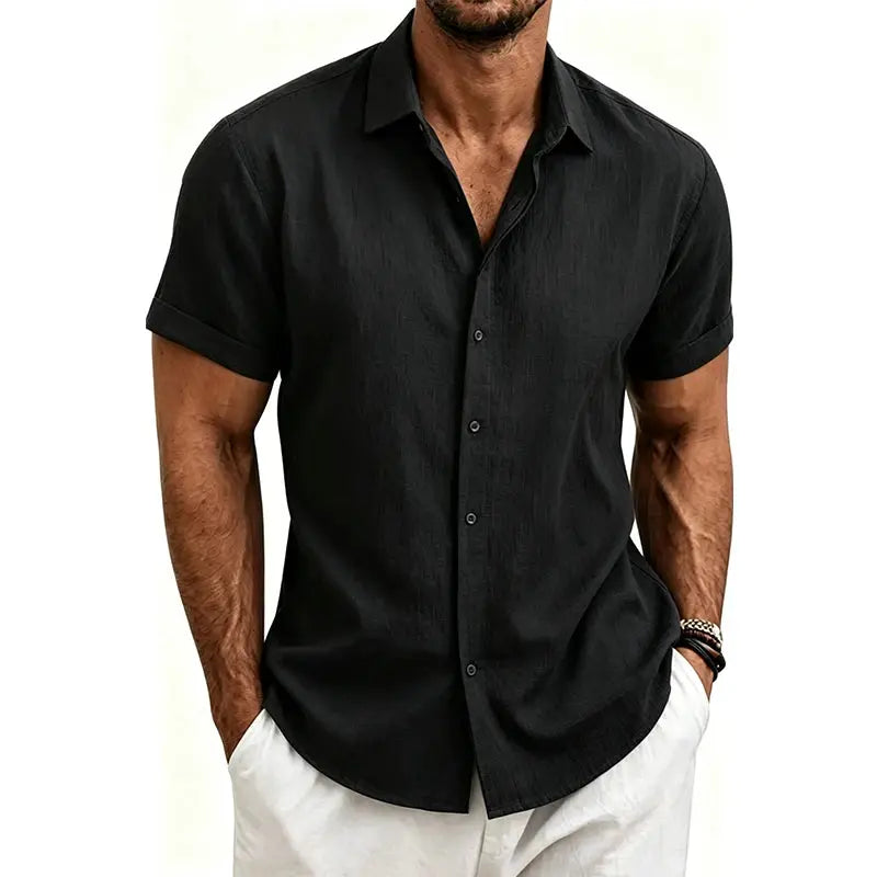 Men's black cotton-linen shirt, rolled short sleeves, button-front, casual lightweight top.