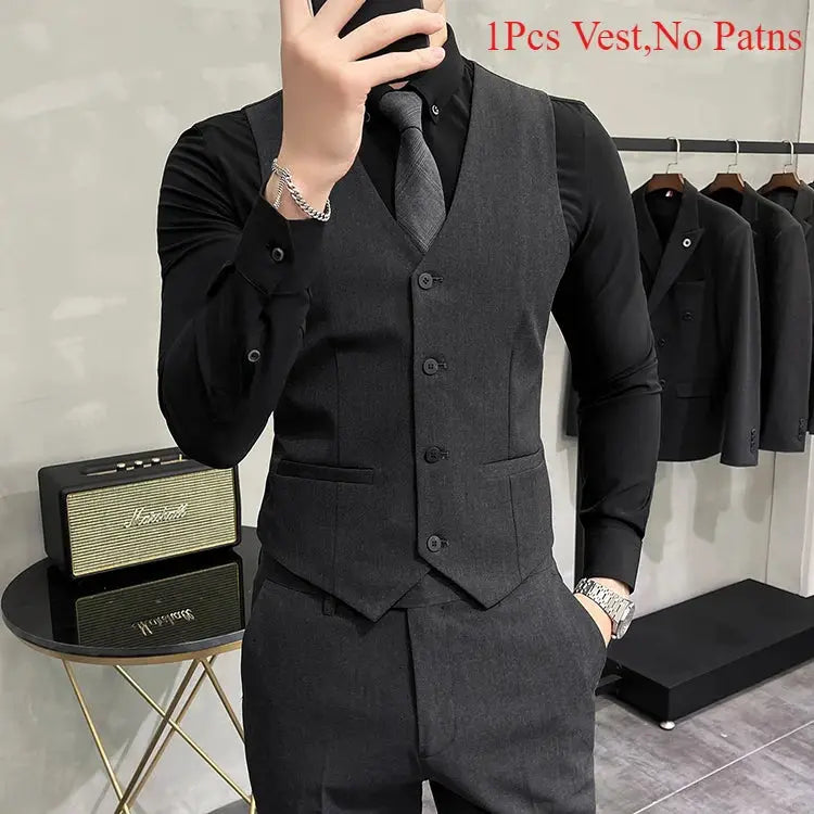 Men's charcoal gray waistcoat vest with black shirt and tie for formal business or wedding wear.