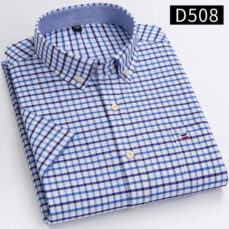Men's blue and white plaid oxford shirt, 100% cotton, short sleeve, regular fit, Simples Market