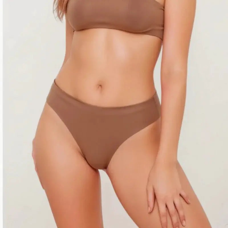 4-piece seamless Brazilian panties set in brown ice-silk, low-waist bikini underwear for women