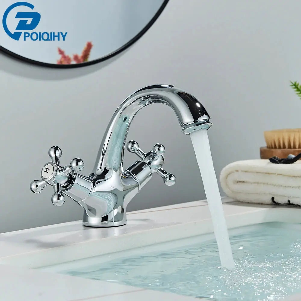 POIQIHY chrome antique bathroom faucet with two cross handles, deck-mounted hot and cold water mixer