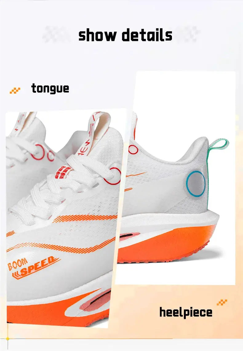 Carbon plate running shoes, white with orange sole, breathable lightweight pair