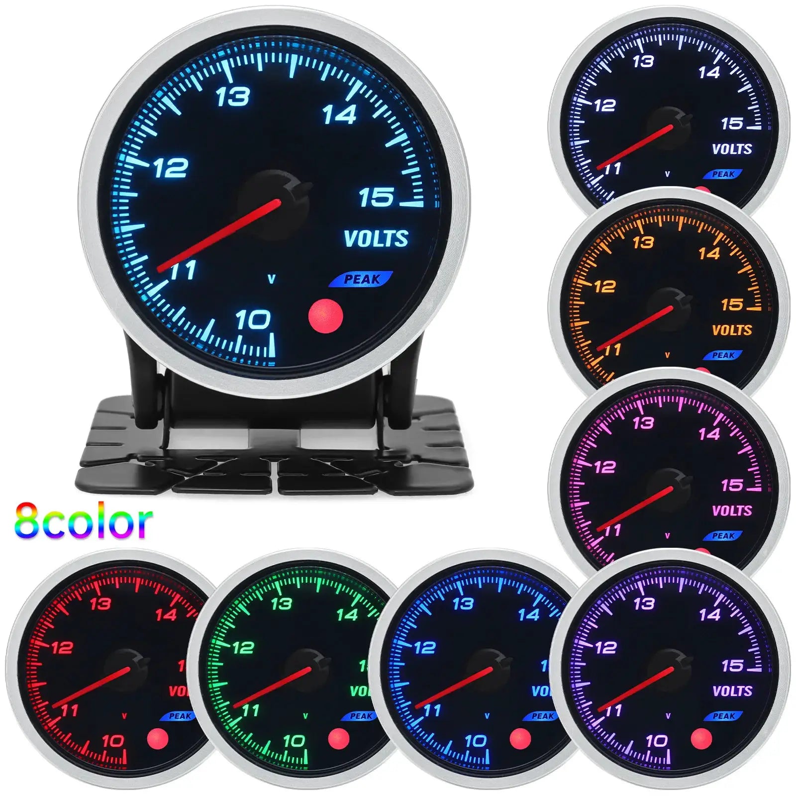 52mm automotive volt gauge with 8-color LED backlight, universal 12V, peak indicator