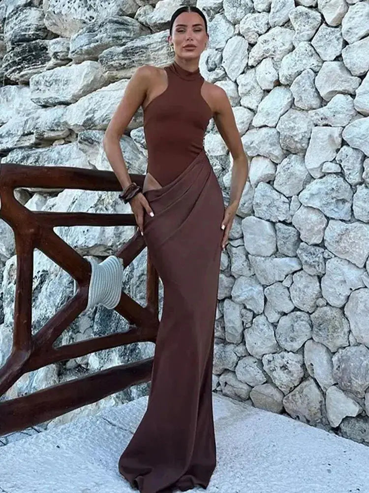 Julissa Mo Satin Hollow Out Maxi Dress Elegant Slim Fit Floor Length Party Clubwear