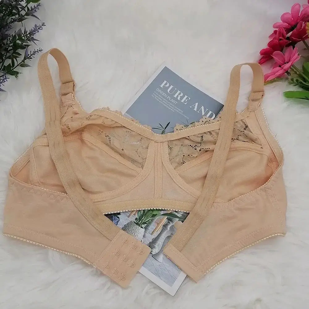 Simples Market wire-free nude lace bra; unlined, wide straps, hook-back closure (plus size)