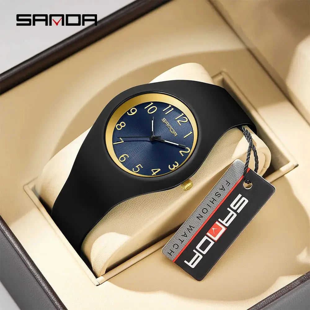 SANDA 6186 quartz wristwatch with black silicone strap, blue dial and gold bezel