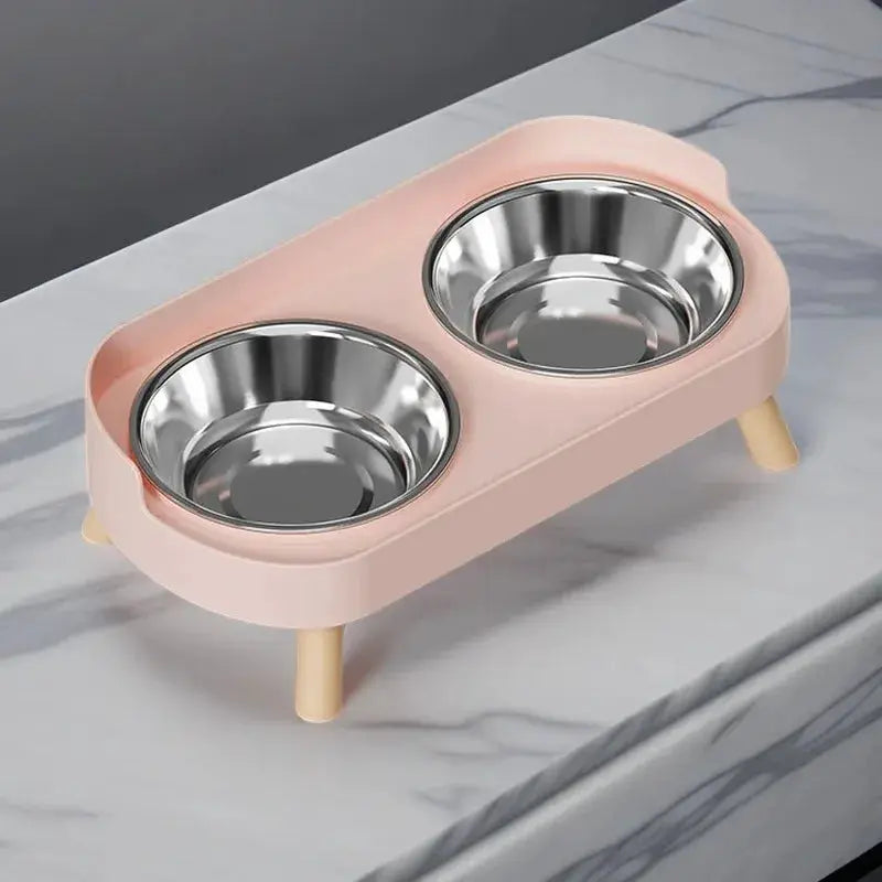 Fashion Pet Food And Water Station dual stainless steel bowls on pink elevated stand by Simples Market