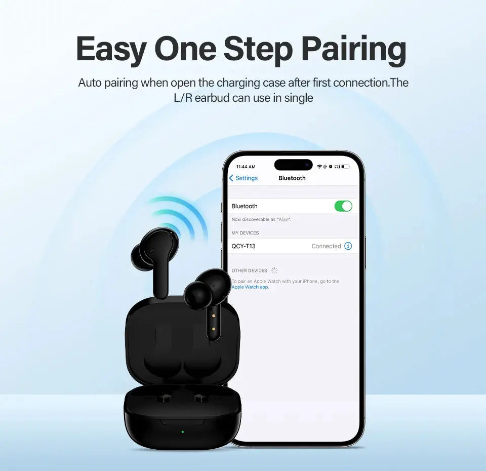 QCY T13 black wireless TWS earbuds with charging case, shown beside a phone on Bluetooth pairing screen