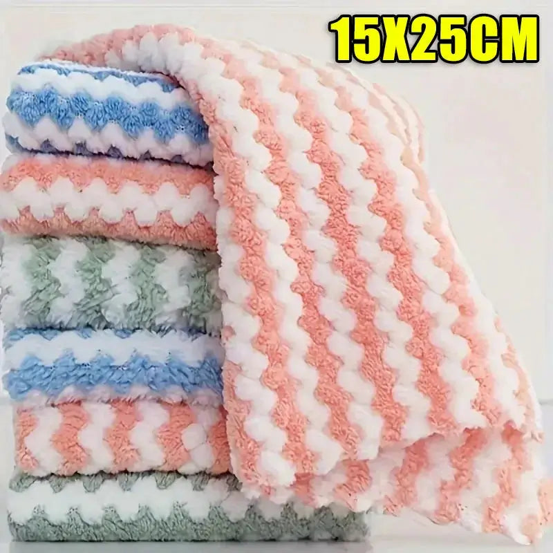 Dishcloths set by Simples Market; coral fleece, absorbent, pastel pink/blue/green/gray, 15x25cm