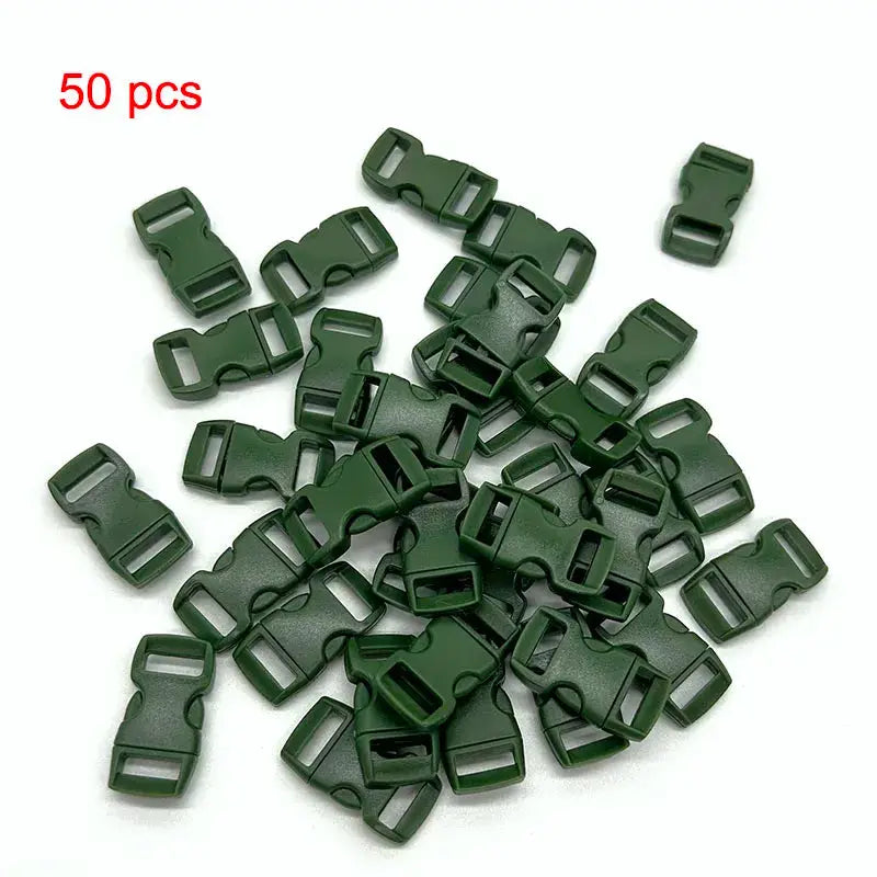 Green plastic side-release buckles for paracord bracelets, 10mm (3/8 inch), curved, 50 pcs