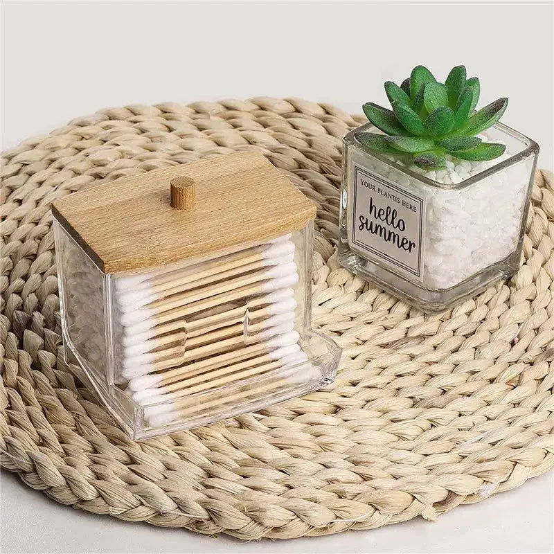 EverEco Acrylic Bathroom Organizer Set With Clear Lids And Bamboo Covers For Cotton Balls And Swabs