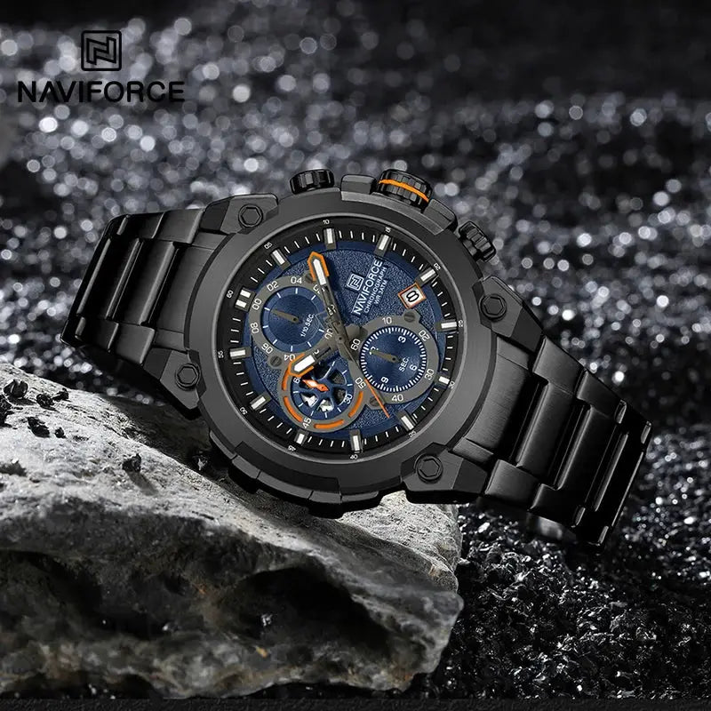 NAVIFORCE men's military-style chronograph wristwatch in black stainless steel with blue dial.