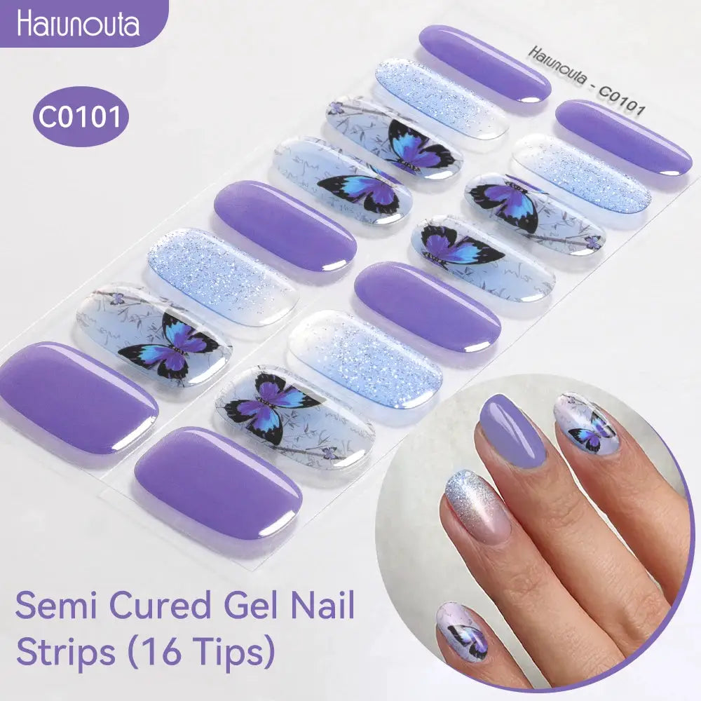 Simples Market Gradient Auroras semi-cured gel nail strips, 16 tips in purple lavender with butterfly designs and glitter.
