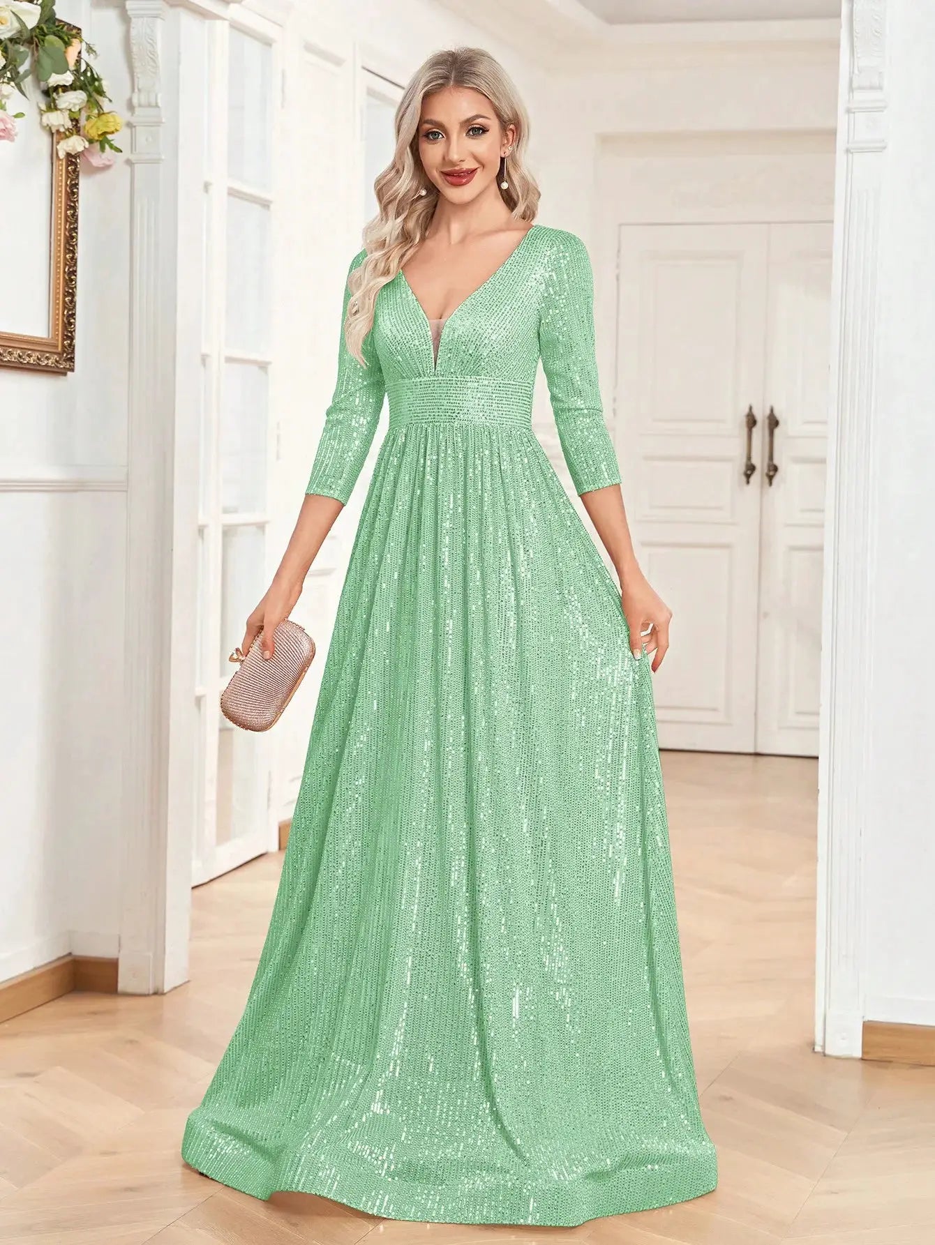 Luxury V Neck Long Sleeve Blue Sequins Formal Evening Dress Women Maxi