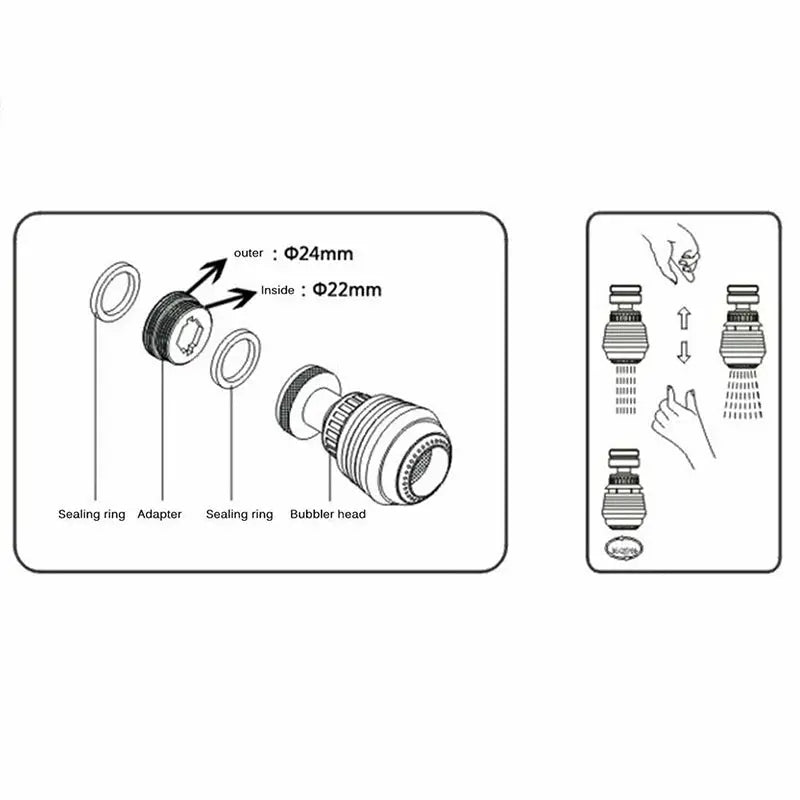Simples Market Water Saver Tap aerator 3-piece assembly diagram with sealing rings, adapter, bubbler head (24mm outer)