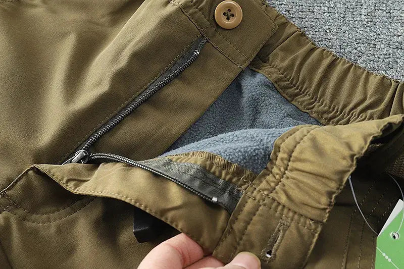 Simples Market tooling pants, olive green waterproof fleece cargo pants with multiple pockets, zipper fly, elastic waist