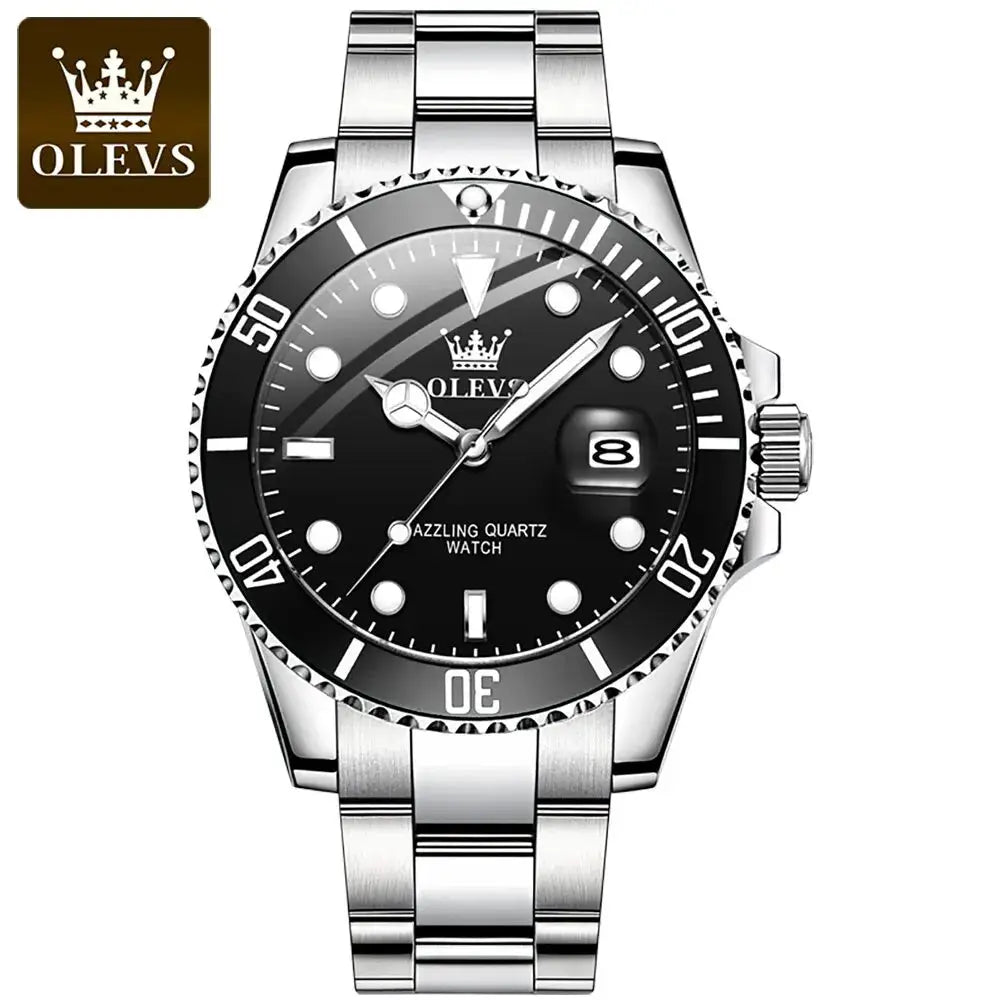 OLEVS Top Original Men Quartz Watch With Stainless Steel Band Green Dial Luminous Hands Water Resistant Luxury Timepiece
