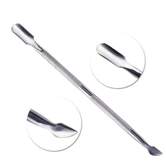 Nail care tool with textured stainless handle and dual ends for cuticle and nail shaping