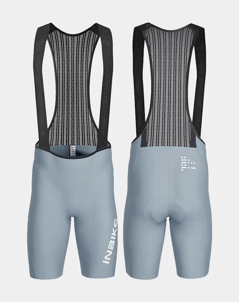 INBIKE men's cycling bib shorts in light blue with breathable black mesh bib, front and back views