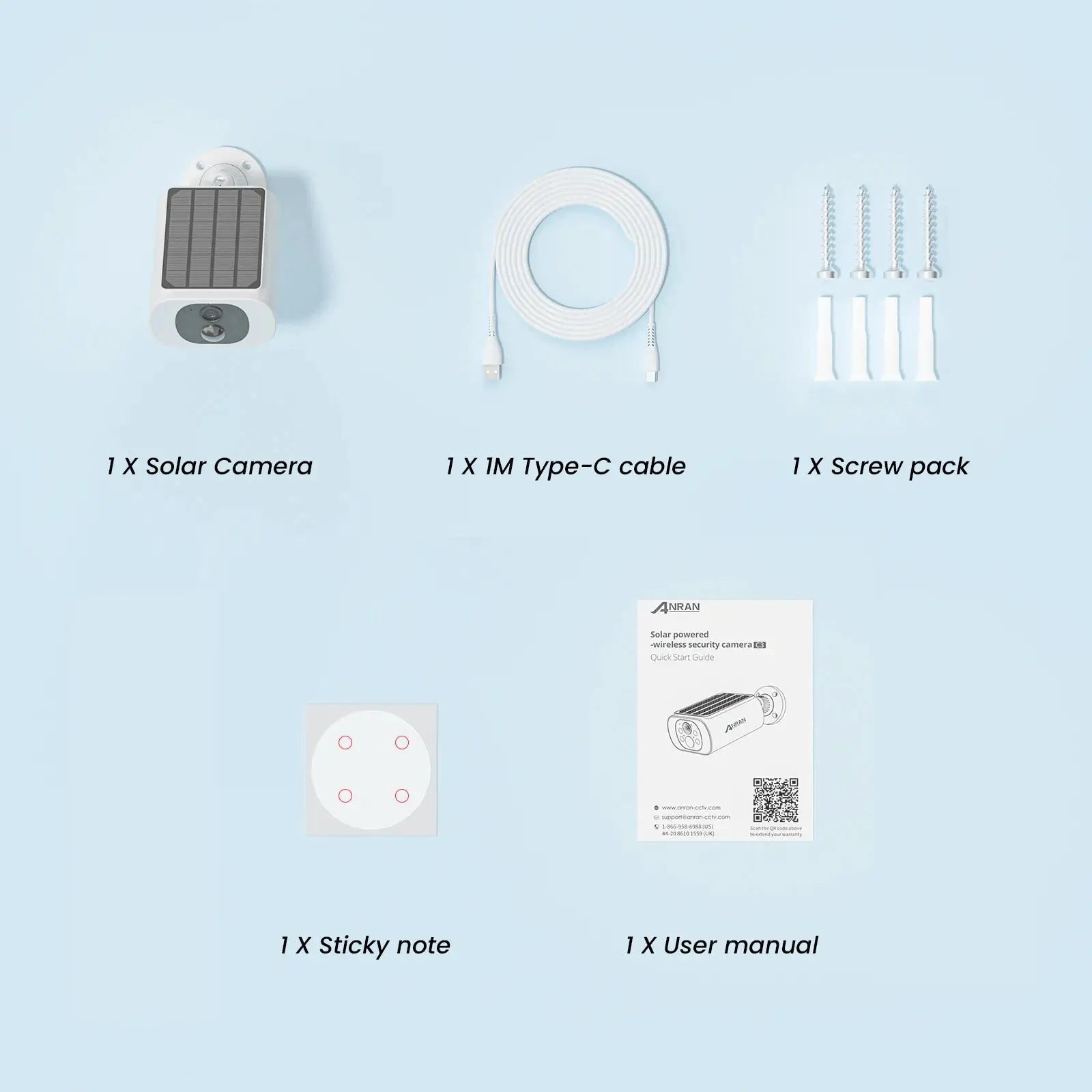 ANRAN 2K Solar Security Camera kit: 1x Solar Camera, 1x 1M Type-C cable, 1x Screw pack; white outdoor wireless