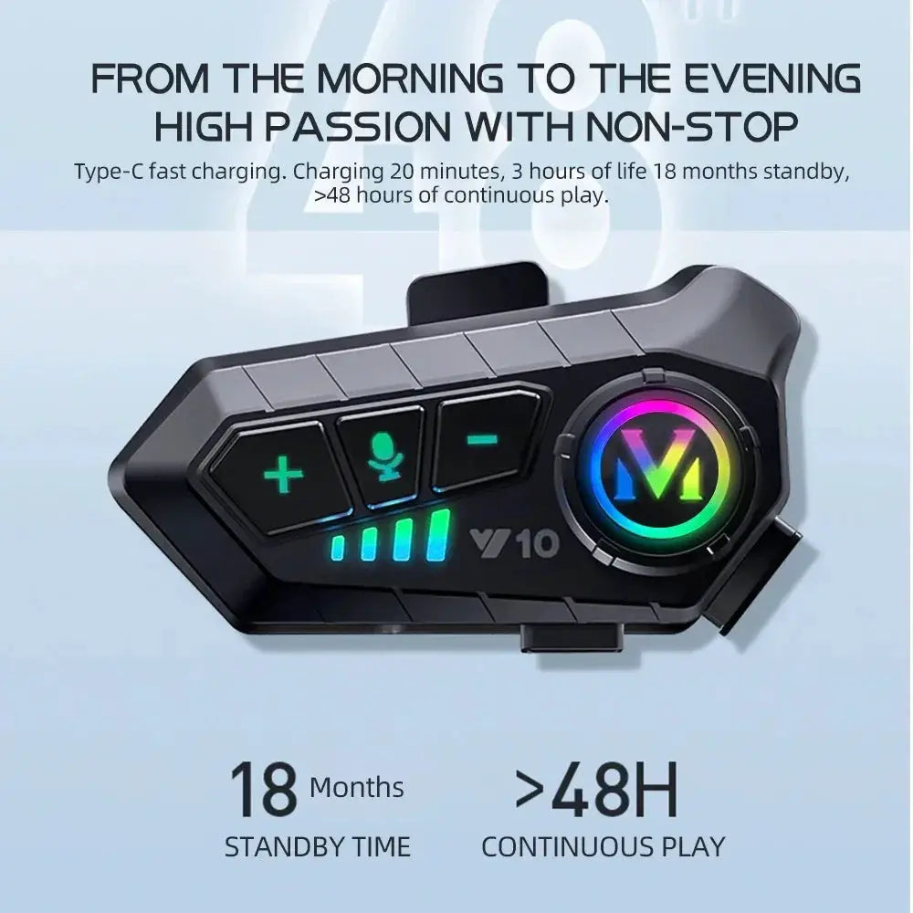 Y10 Motorcycle Bluetooth 5.3 Helmet Headset IPX6 Waterproof Colorful Lights Handsfree Edition