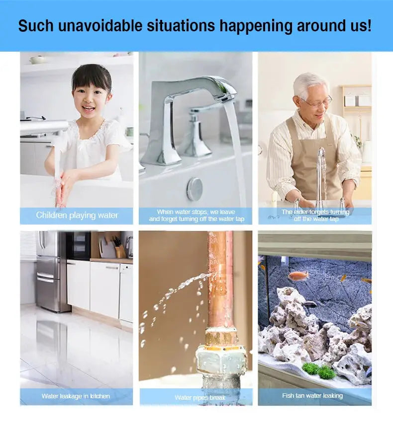 Ewelink Zigbee3.0 water sensor alarm; six-panel collage of water-leak scenarios in kitchen, faucet, pipe, and fish tank