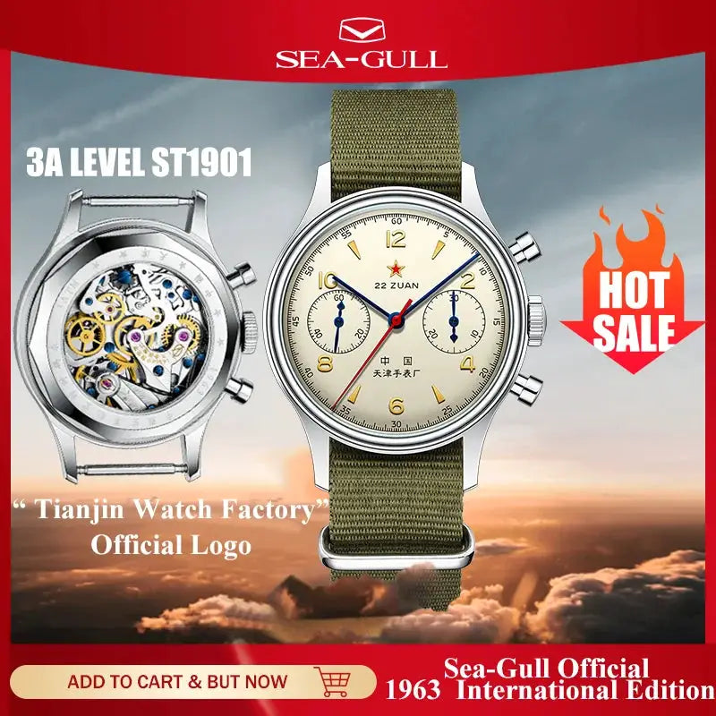 Sea-Gull 1963 International Edition men's mechanical pilot chronograph watch with olive-green strap
