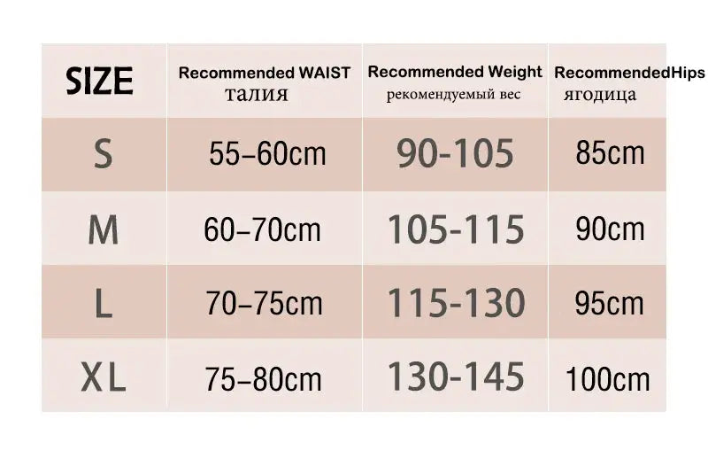 Beige size chart for women's underwear showing waist, weight, and hip recommendations across S–XL