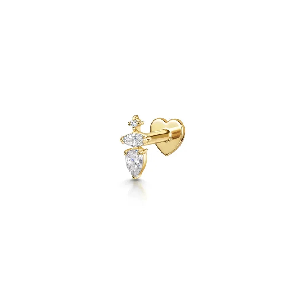 Single gold-tone heart stud earring with clear zircon stones
