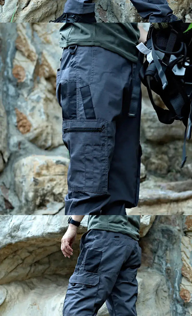 Tactical work pants for men with multiple cargo pockets in dark gray