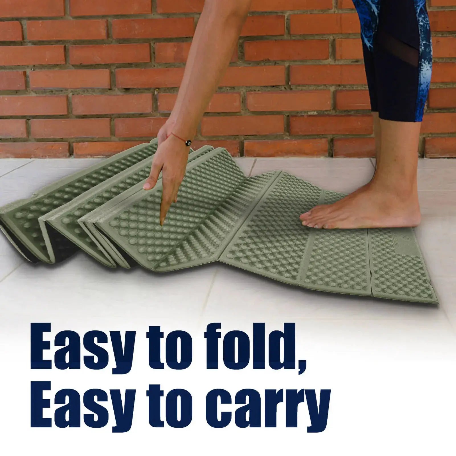 Outdoor folding sleeping pad, green textured mat for camping and travel