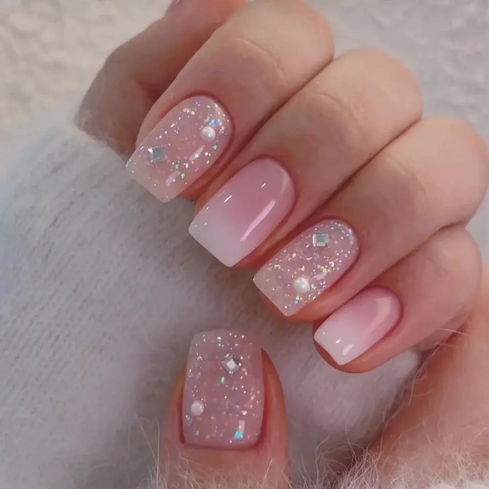 GlamNail Pro 24Pcs Short Square Coffin Press On Nails Set With Glue French Glitter Ballet Style