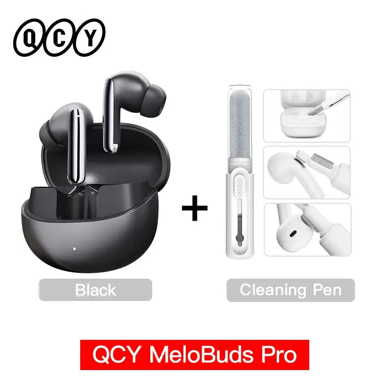 QCY MeloBuds Pro wireless earbuds in black charging case with cleaning pen (2 items)