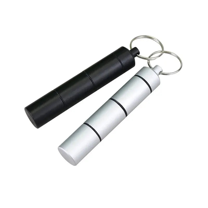 Mini portable aluminum waterproof pill box case set of two with three compartments; black and silver keychain duo.