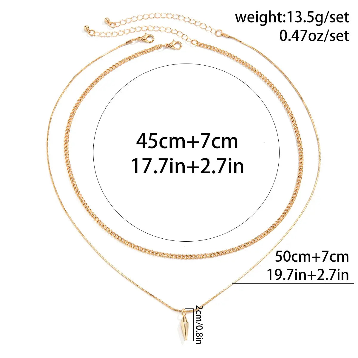 Gold-tone 2pc stainless steel rivet pendant necklace set by KunJoe with thin snake and Cuban link chains