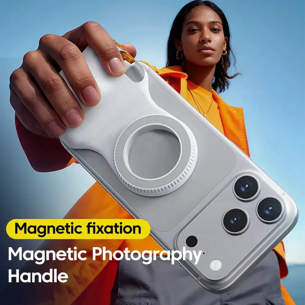 Magnetic phone camera grip handle in white with circular magnetic mount for iPhone/Huawei