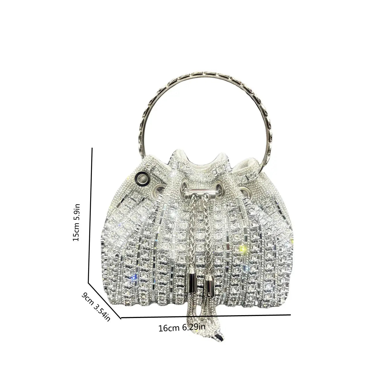 Simples Market crystal rhinestone bucket clutch purse in silver with a circular jeweled handle