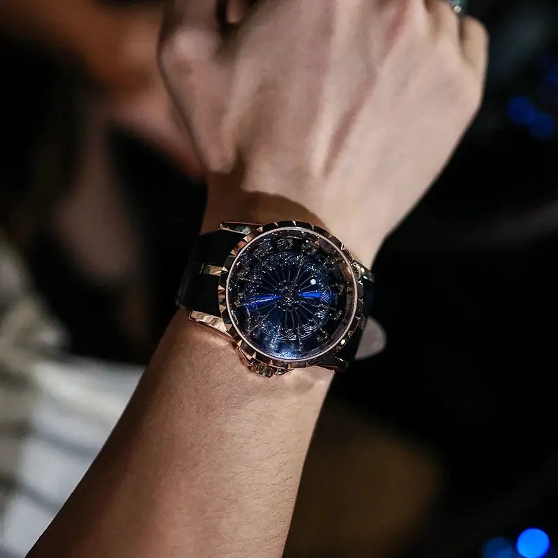 Quartz men's watch by Simples Market with blue dial, rose-gold case, black strap