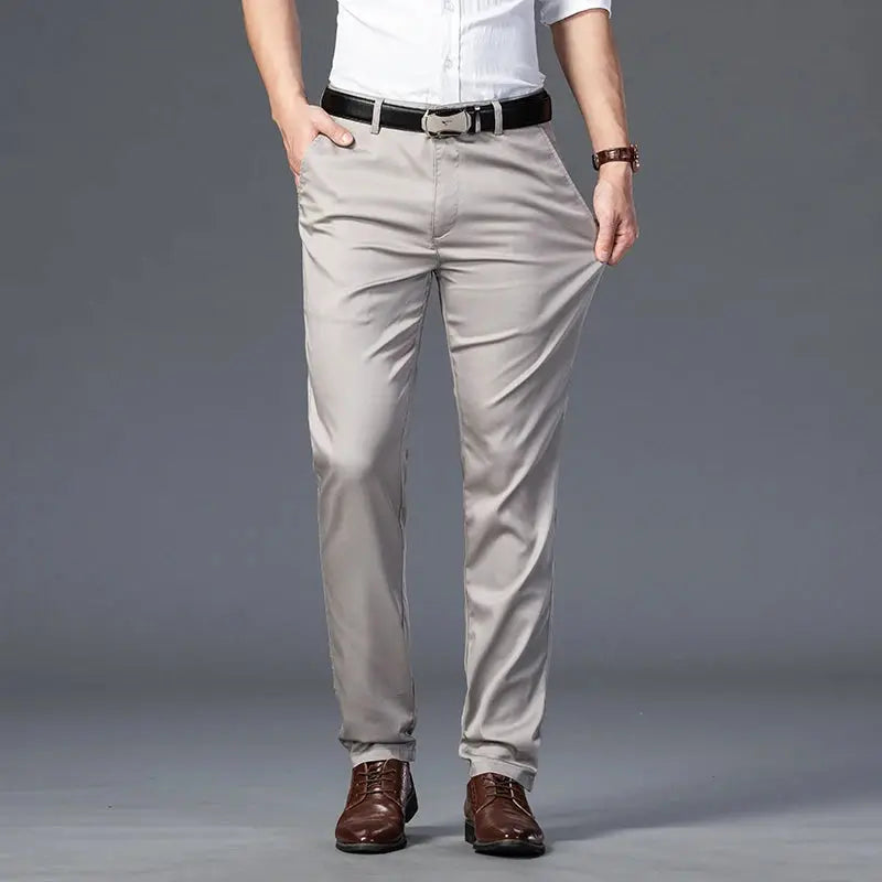 Men's slim-fit casual cotton trousers in khaki beige, suitable for business casual wear