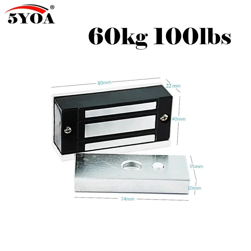5YOA magnetic lock with mounting plate; black electromagnet housing and silver strike plate for access control