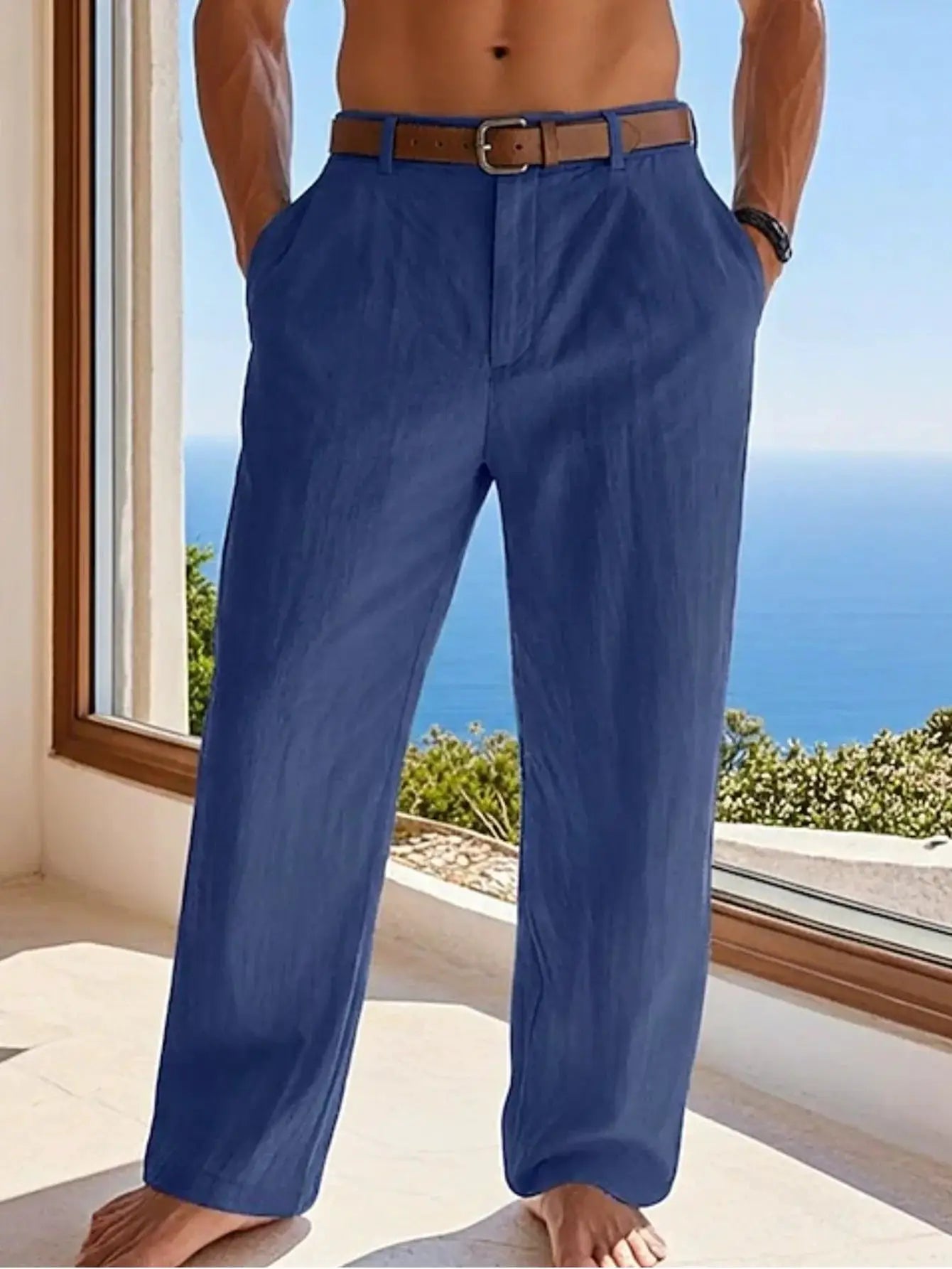 Men's blue cotton-linen pants, loose fit, full-length with belt