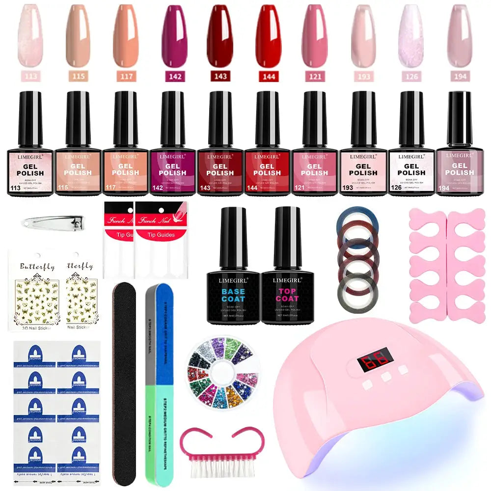 LIMEGIRL gel nail polish kit by Simples Market with pink UV LED lamp and assorted polishes and manicure tools.