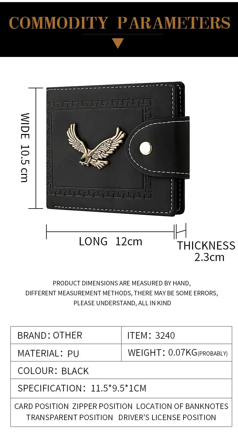 Simples Market men's PU leather black folding wallet with gold eagle emblem and white stitching (12x10.5 cm)
