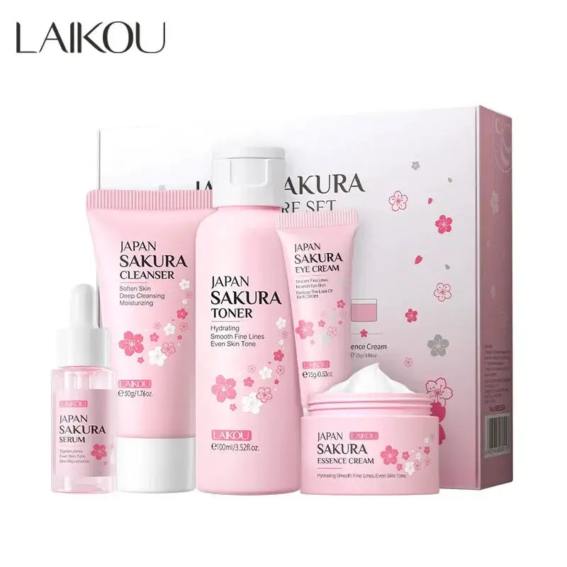 Laikou Sakura Kit Skincare Set 5 Piece Moisturizing Fine Line Reduction Pore Cleanser Niacinamide Brightening Gift Women