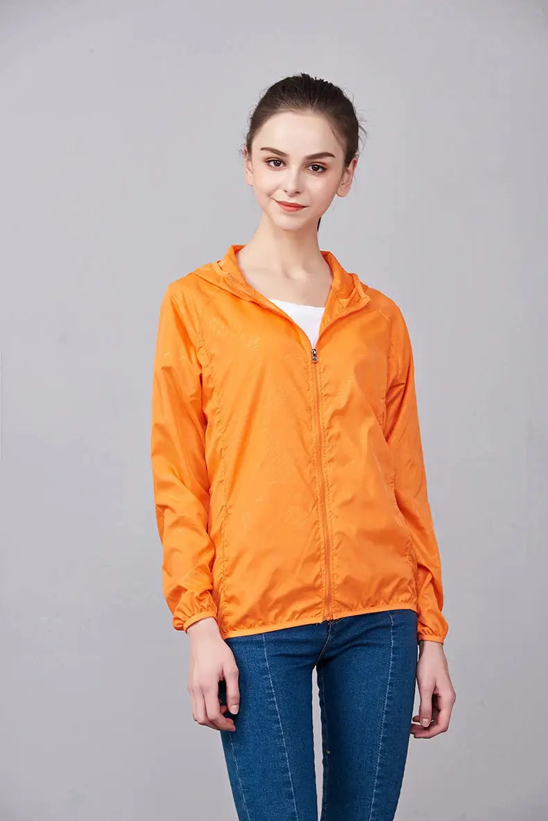 JNLN unisex hiking jacket orange waterproof windbreaker with hood and front zipper, lightweight outdoor coat