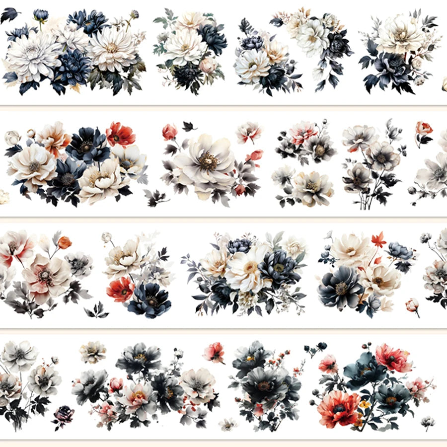2M roll black and white floral PET tape by Simples Market, ink-style decorative tape for scrapbooking and journaling.