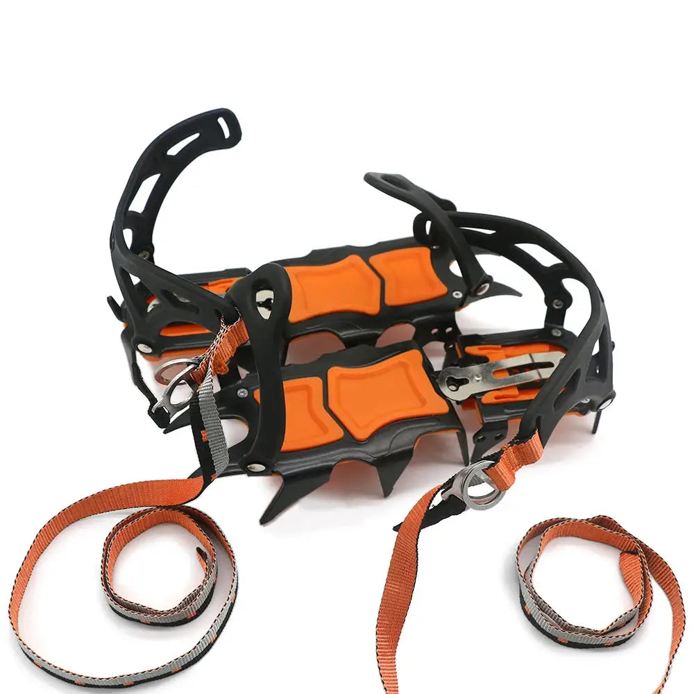 12-tooth ice crampons with orange pads and black frame, stainless steel spikes, adjustable straps